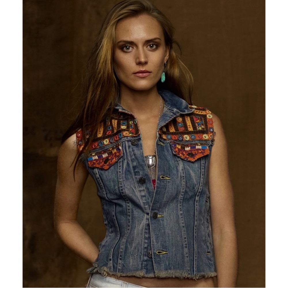 Denim & Supply Ralph Lauren Distressed Blue Denim Vest Embroidered Boho Festival